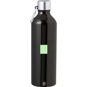 A drink bottle in black with a silver cap and a green logo area. It features a carabiner for easy attachment.
