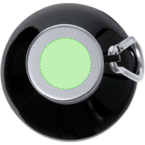 A drink bottle in glossy black with a silver cap and a carabiner attachment. It features a branding logo.