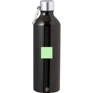 A drink bottle in a sleek black finish with a silver lid and a small green square. Features a logo.