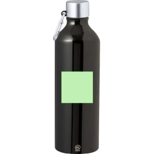 A drink bottle in glossy black with a silver cap and a carabiner, featuring a blank mint green label.