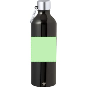 A drink bottle in black with a silver cap, featuring a blank green label area and a carabiner clip.