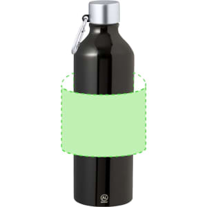 A drink bottle in sleek black metal, featuring a silver cap and a carabiner clip, along with a green label area.