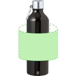 A drink bottle in black with a silver cap and a carabiner. Features a smooth surface and a logo.