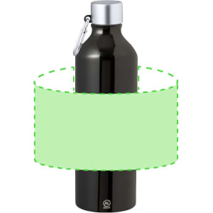 A drink bottle in black with a silver cap and a carabiner clip, featuring a logo.