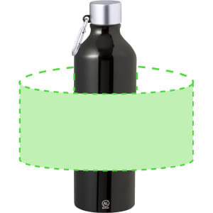 A drink bottle in black with a silver cap and a carabiner, featuring a blank area for custom branding.