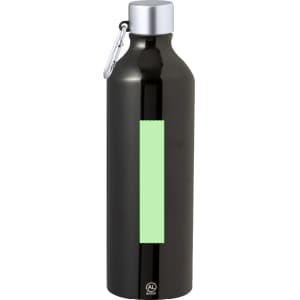 A drink bottle in black with a green label area and a silver cap, featuring a carabiner attachment.