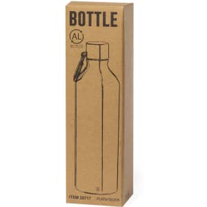 A drink bottle in a silver finish, packaged in a cardboard box featuring an outline illustration and a logo.