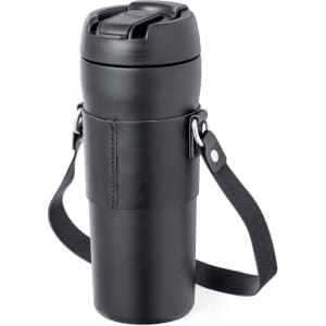 A drink bottle in matte black with a lid and a carrying strap, featuring a sleek, modern design and a logo.