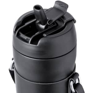 A drink bottle in matte black with a spout lid and a handle for easy carrying. It features a logo.