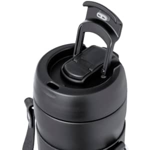 A drink bottle with a black matte finish, featuring a twist-top lid and a carry strap. Includes a branding logo.