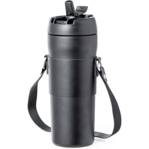 A drink bottle in sleek black, featuring a flip-top lid and an adjustable strap for easy carrying. It has a logo.