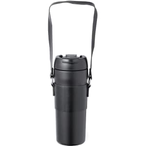 A drink bottle in black with a secure lid and carrying strap, featuring a logo on the body.
