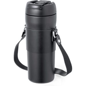 A drink bottle in sleek black with a flip-top lid and a detachable strap. It features a logo.