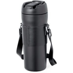 A drink bottle in sleek black with a removable strap and a secure lid, showcasing a simple design and branding.