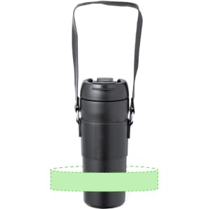 A drink bottle in black with a handle for easy carrying and a sleek design, featuring a logo.