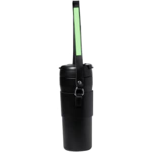 A drink bottle styled in black with a green strap, featuring a sleek design and a secure lid.