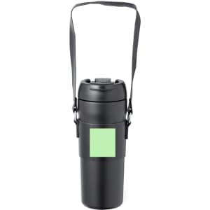 A drink bottle in black with a detachable strap and a green label area for personalisation.