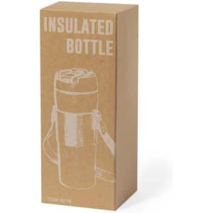 A drink bottle in a cardboard box, featuring a handle and a screw-top lid. The bottle is insulated.