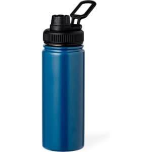A drink bottle in a deep blue colour with a black cap and a handle, featuring a logo on the side.