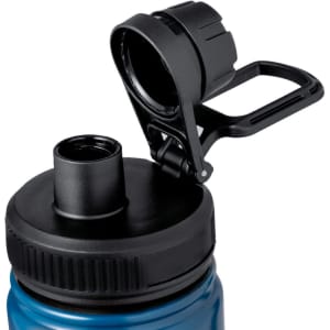 A drink bottle in blue with a black lid, featuring an opening and a flip-top cap. It has a logo visible.