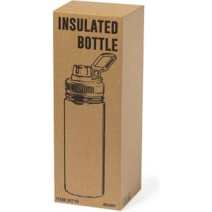 A drink bottle in a cardboard box, featuring a removable lid and insulated design, presented in a neutral colour.
