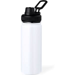 A drink bottle in white with a black lid and spout, featuring a handle and a branding logo.