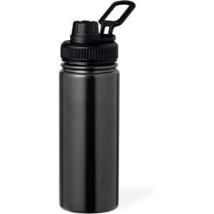 A drink bottle in sleek black with a twist cap and a handle for easy carrying. Features a branding logo.