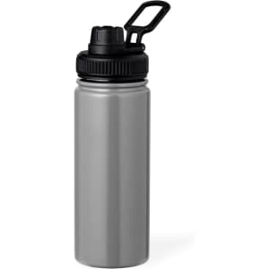 A drink bottle made of stainless steel in a sleek grey finish, featuring a black cap and handle.