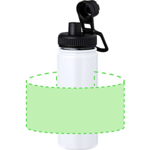 A drink bottle in white with a black cap and nozzle, featuring a logo on its body.