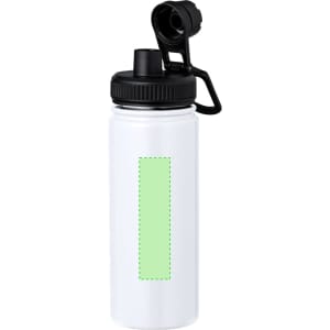 A drink bottle featuring a white body with a black lid and nozzle, and a green label area for custom design.
