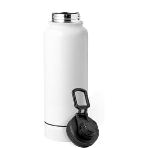 A drink bottle in white with a black lid, featuring an attached flip-top cap and a sleek design.