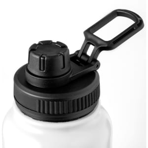 A drink bottle featuring a black lid with a screw cap and a clip for easy handling. It has a transparent body.