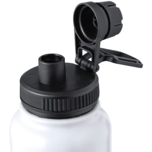 A drink bottle featuring a white body and black lid with a flip-top spout and a secure closure system.
