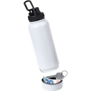 A drink bottle in white with a black cap, featuring a hidden compartment for storing money or small items.