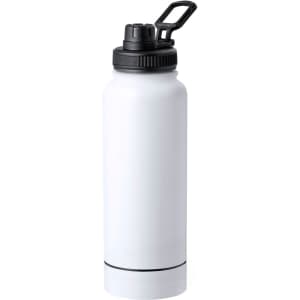 A drink bottle in white with a black cap and a handle, featuring a simple and sleek design.