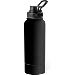 A drink bottle in matte black with a screw top and a built-in handle, featuring a logo.