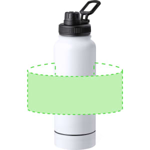 A drink bottle in white, featuring a black lid and a handle, with a logo on the front.