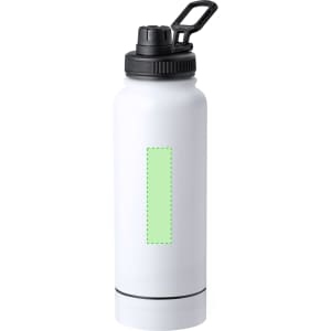 A drink bottle in white with a black lid and handle, featuring a blank green panel for customisation.