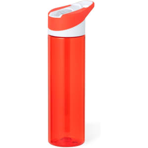 A drink bottle in vibrant red with a white cap and a logo on the side.