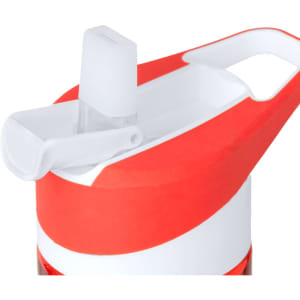 A drink bottle in red and white with a detachable spout and a carry handle, featuring a logo.