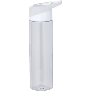 A drink bottle with a transparent body and a white lid, featuring a push-top spout and a sleek design.