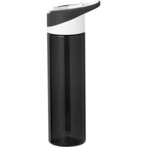 A drink bottle in a grey and clear design with a flip-top lid and a logo.