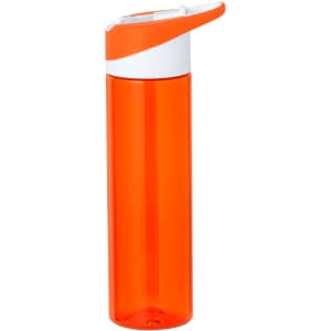 A drink bottle in bright orange with a white cap and a logo on the side. Ideal for hydration.