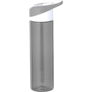 A drink bottle in grey and white with a sleek design and a flip-top lid. It features branding on the body.