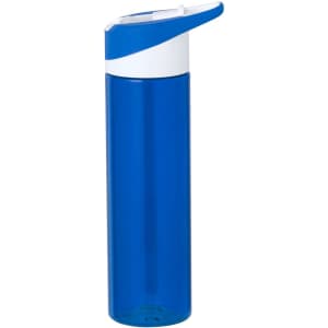 A drink bottle with a transparent blue body and a white flip-top lid. It features a branding logo.