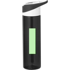 A drink bottle in transparent black with a grey cap and a blank area for custom branding.
