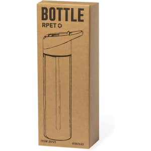 A drink bottle in a black finish, packaged in a brown cardboard box, featuring a logo on the design.