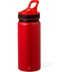 A drink bottle in vibrant red with a black lid and integrated handle, featuring a logo on the base.