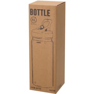 A drink bottle in a cardboard box, featuring a flip-top lid and a simple design, primarily in a clear or metallic finish.
