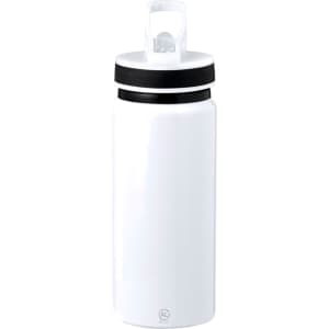 A drink bottle in white with a black lid and a handle, featuring a logo on the side.